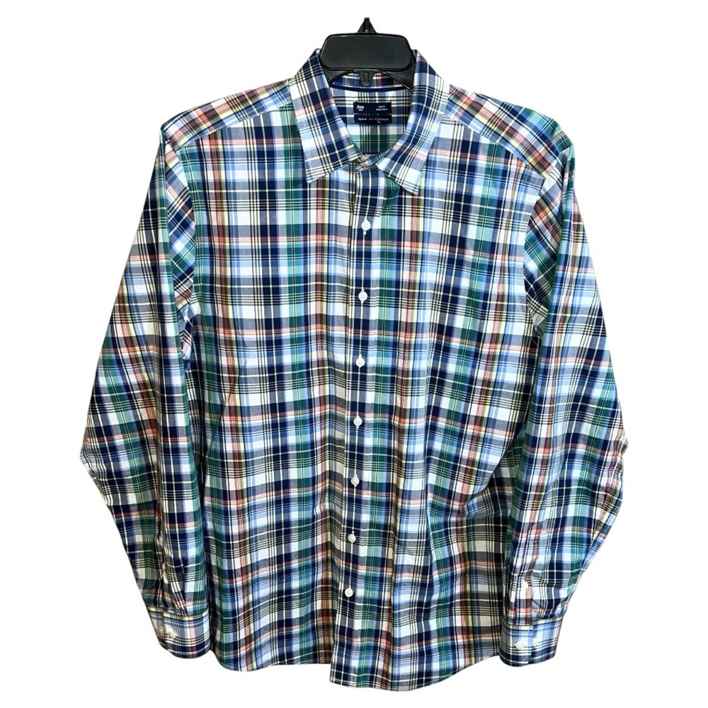 Gap Shirt Men’s XL Blue White Yellow Plaids Slim Fit Button Front Long Sleeve